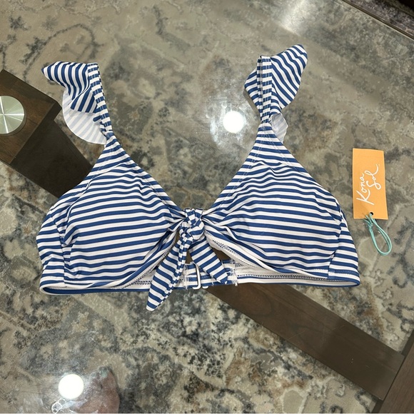 NWT Kona Sol Striped Bikini Top Petite Flutter Straps Bow Detail at Chest Sz M - Picture 3 of 5